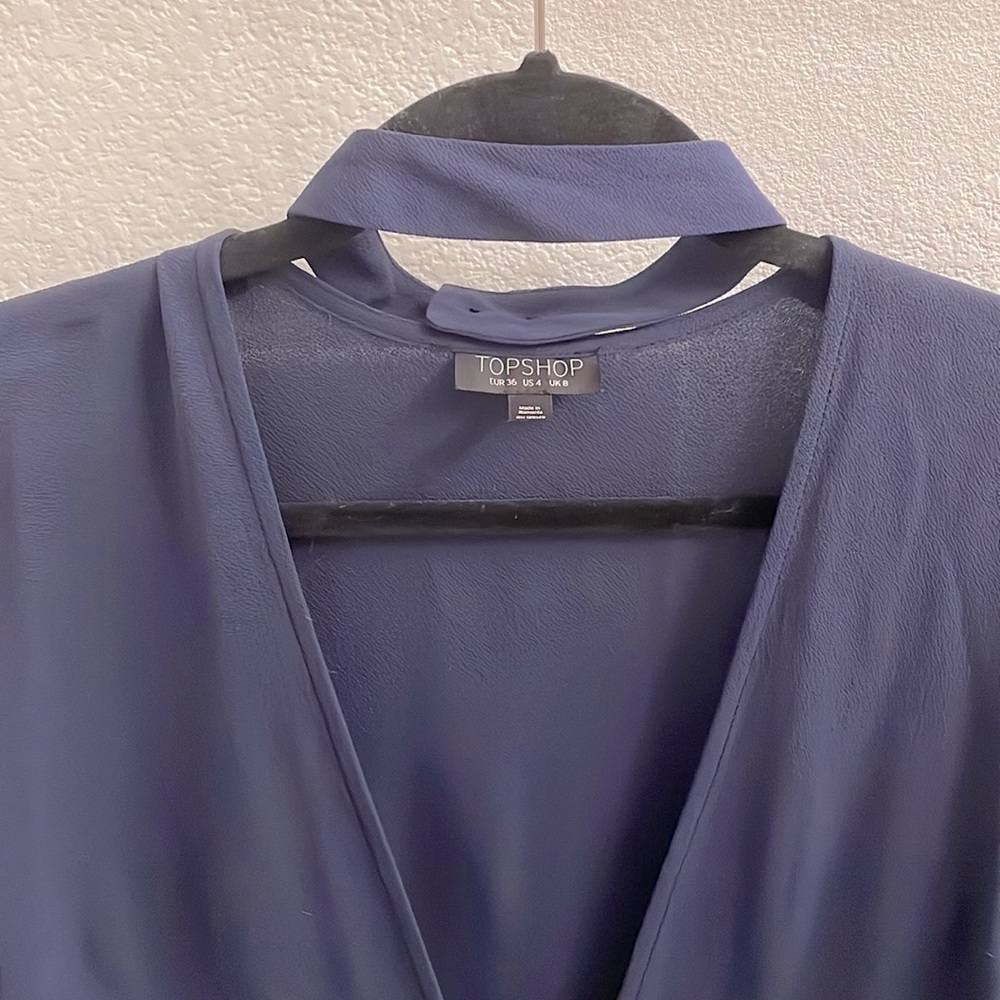 Topshop Navy Choker Wrap Tie Blouse - Picture 4 of 7